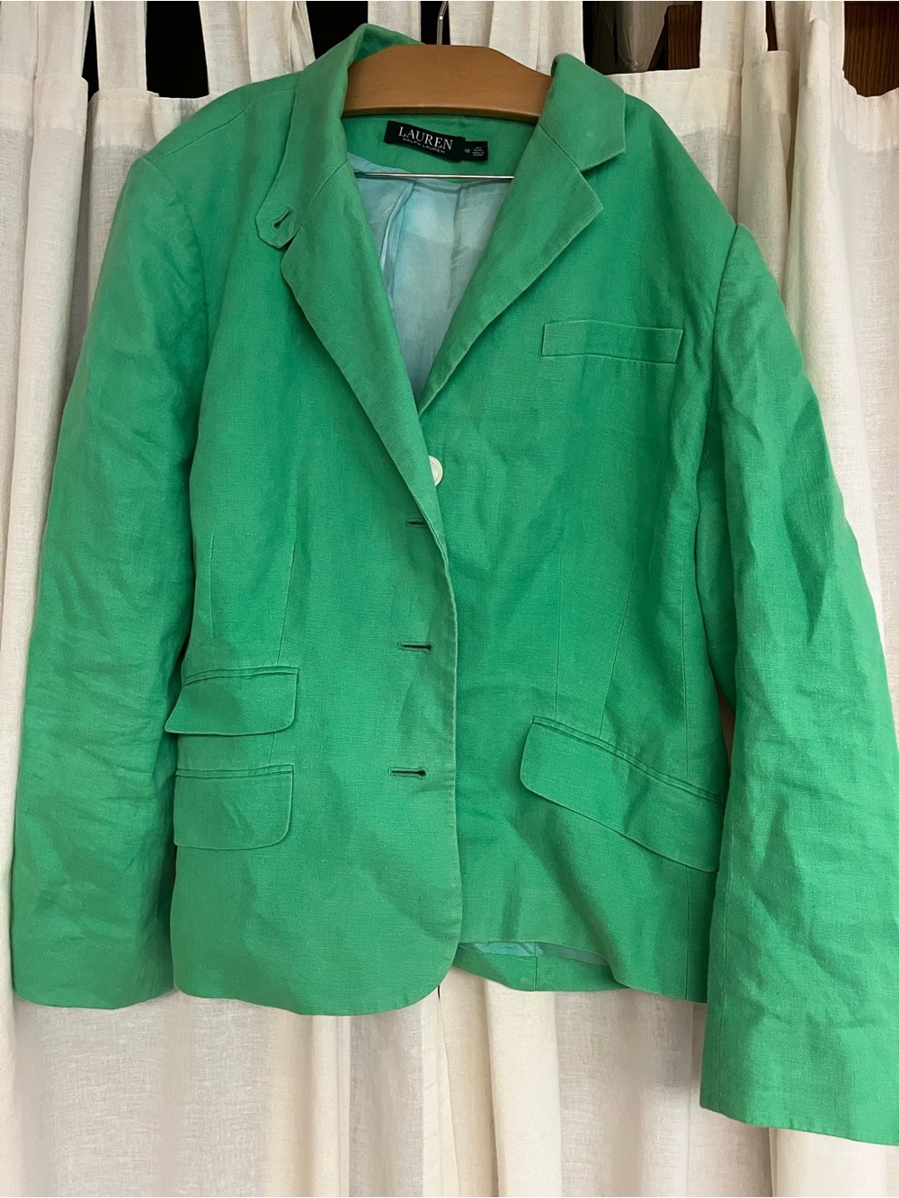 100% Linen Lauren Ralph Lauren Green Linen Blazer with Notch Lapel